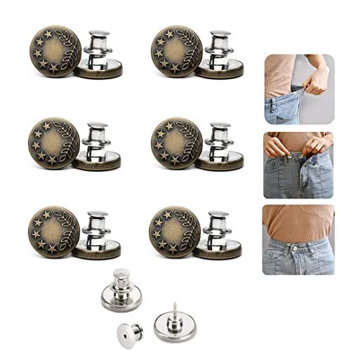 6PCS Perfect Fit Instant Button, Instant Buttons, Jean Replacement Buttons Removable Button No Sew Buttons to Extend or Reduce an Inch to Any Pants Waist in Seconds!