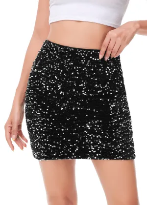 Anna-Kaci Women's Sparkly Sequin Skirt Mid Waist Glitter Party Club Velvet Skirts