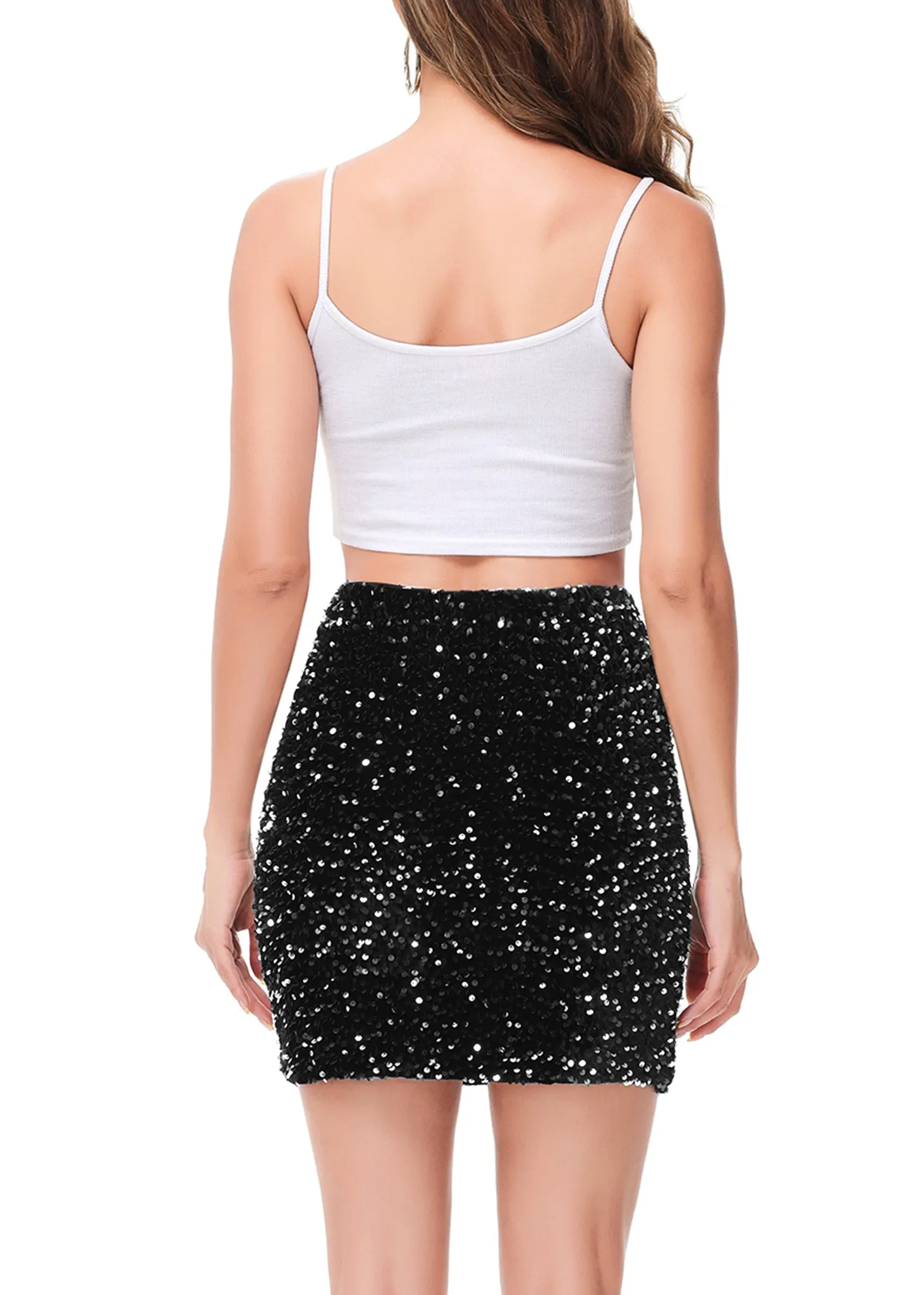 Anna-Kaci Women's Sparkly Sequin Skirt Mid Waist Glitter Party Club Velvet Skirts