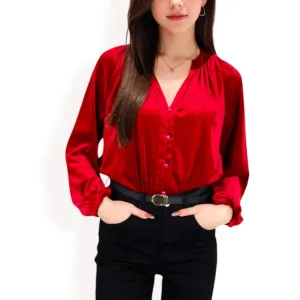 Anna-Kaci Women's Velvet Blouse with V-Neck and Button Detail