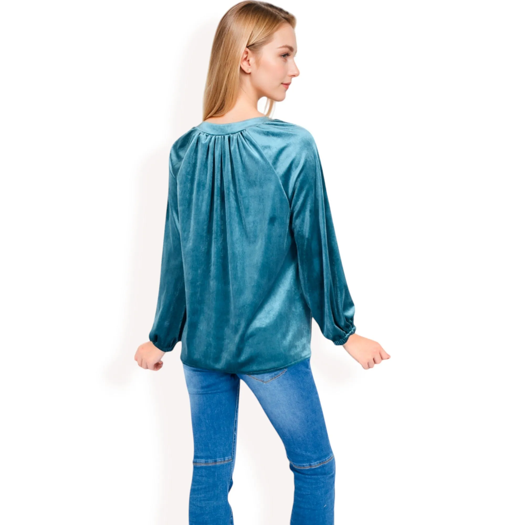 Anna-Kaci Women's Velvet Blouse with V-Neck and Button Detail