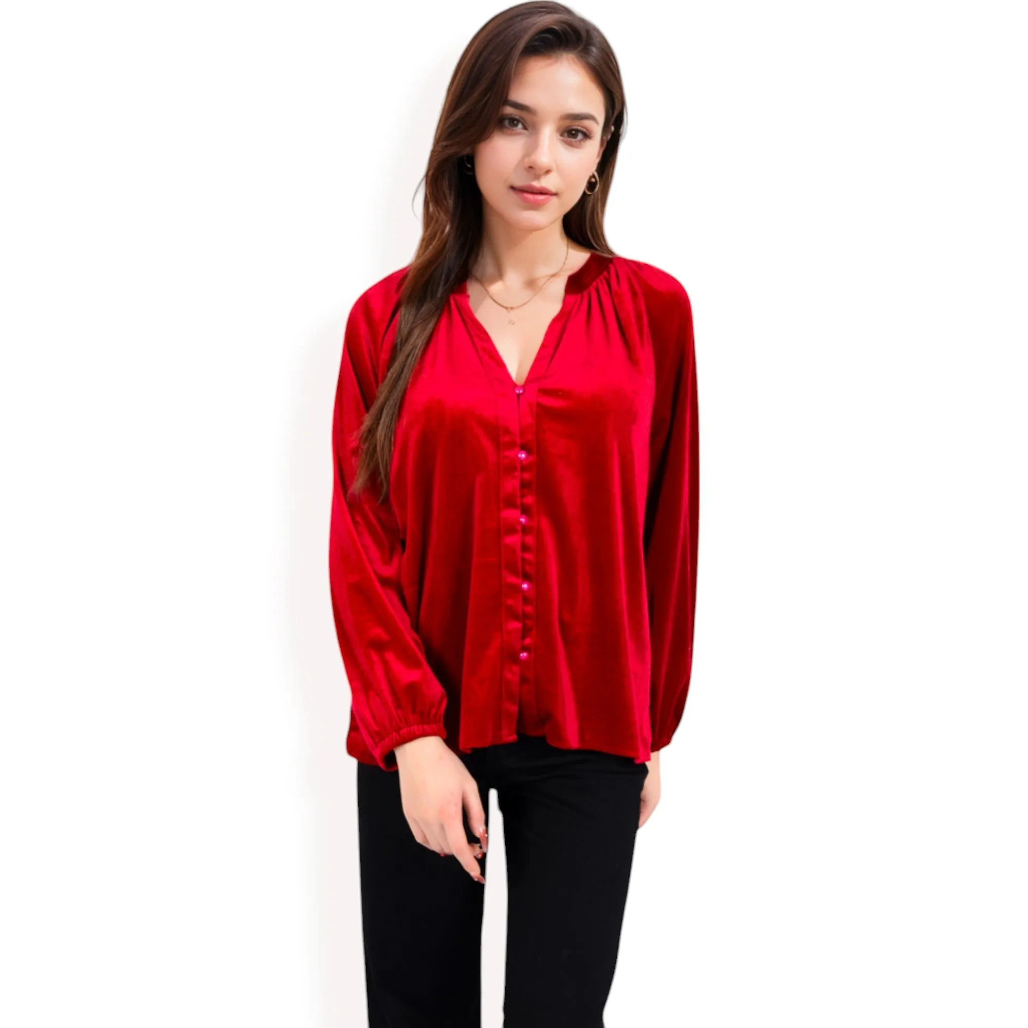 Anna-Kaci Women's Velvet Blouse with V-Neck and Button Detail