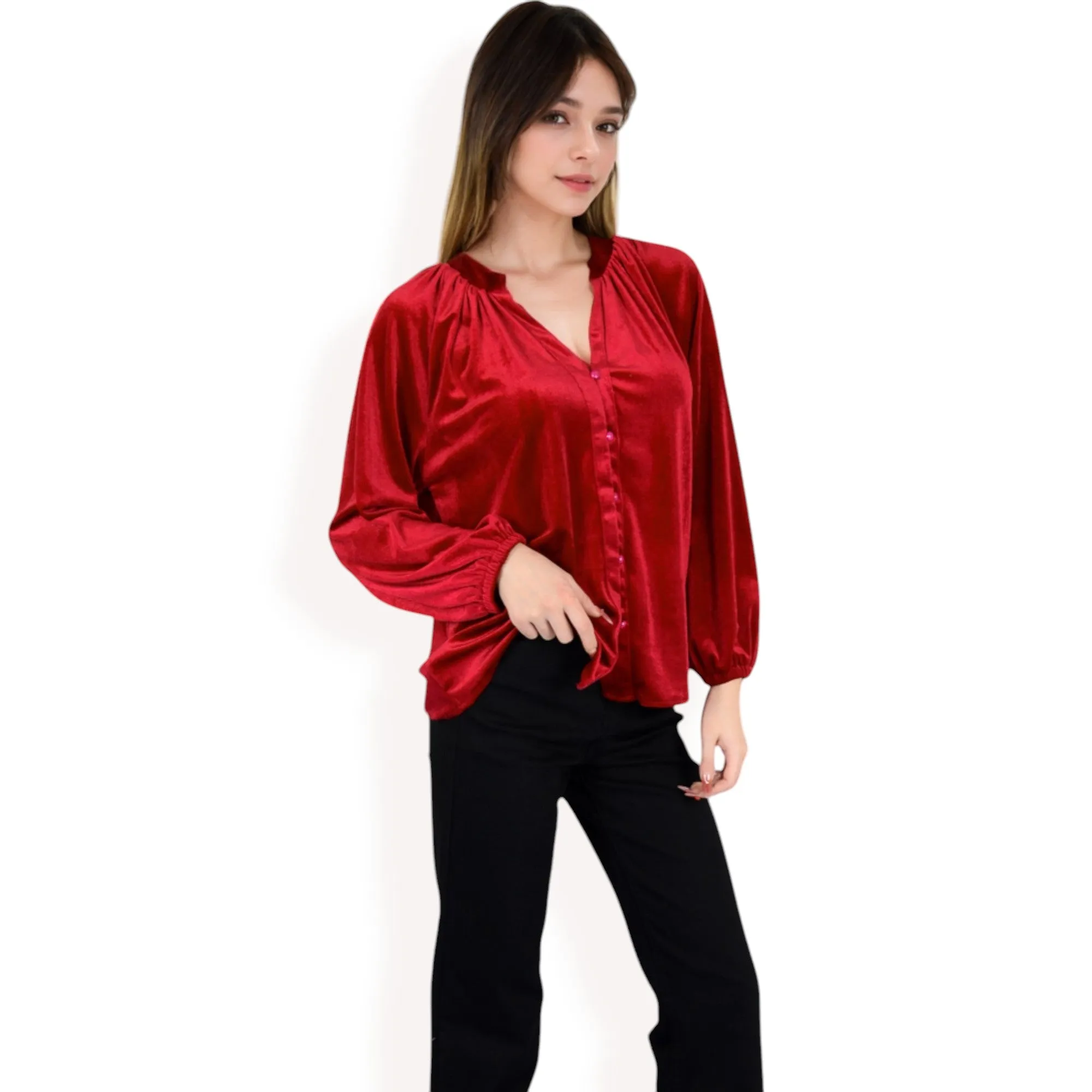 Anna-Kaci Women's Velvet Blouse with V-Neck and Button Detail