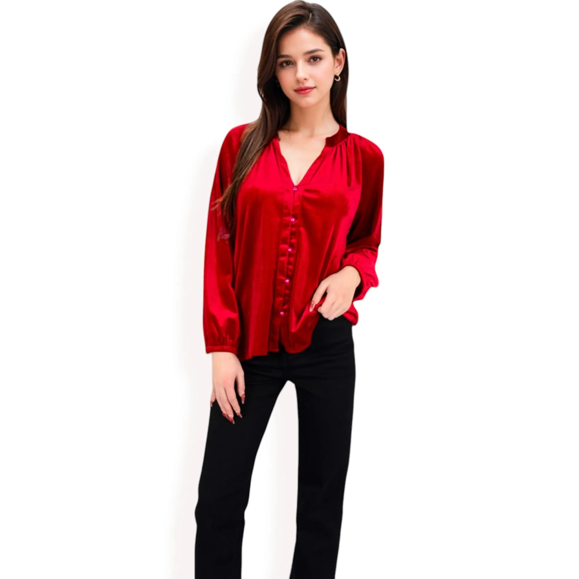 Anna-Kaci Women's Velvet Blouse with V-Neck and Button Detail