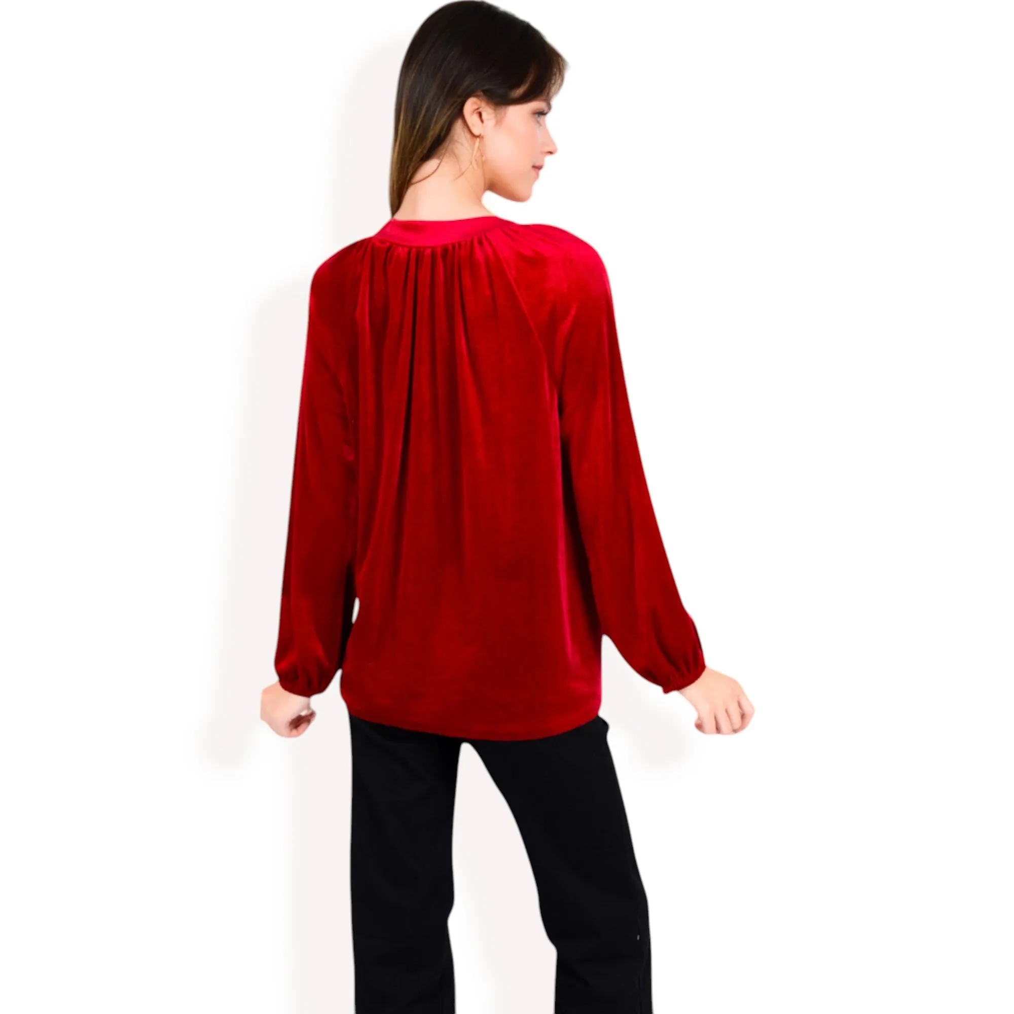 Anna-Kaci Women's Velvet Blouse with V-Neck and Button Detail