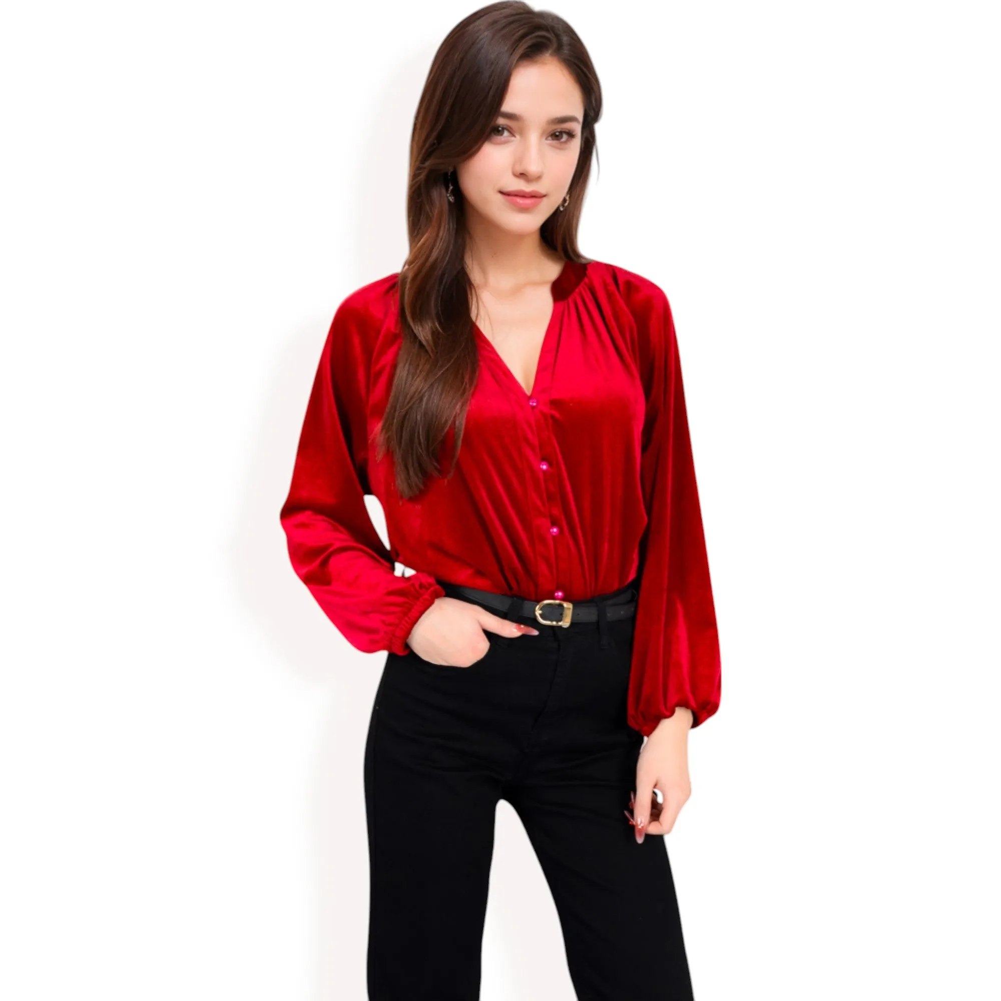 Anna-Kaci Women's Velvet Blouse with V-Neck and Button Detail