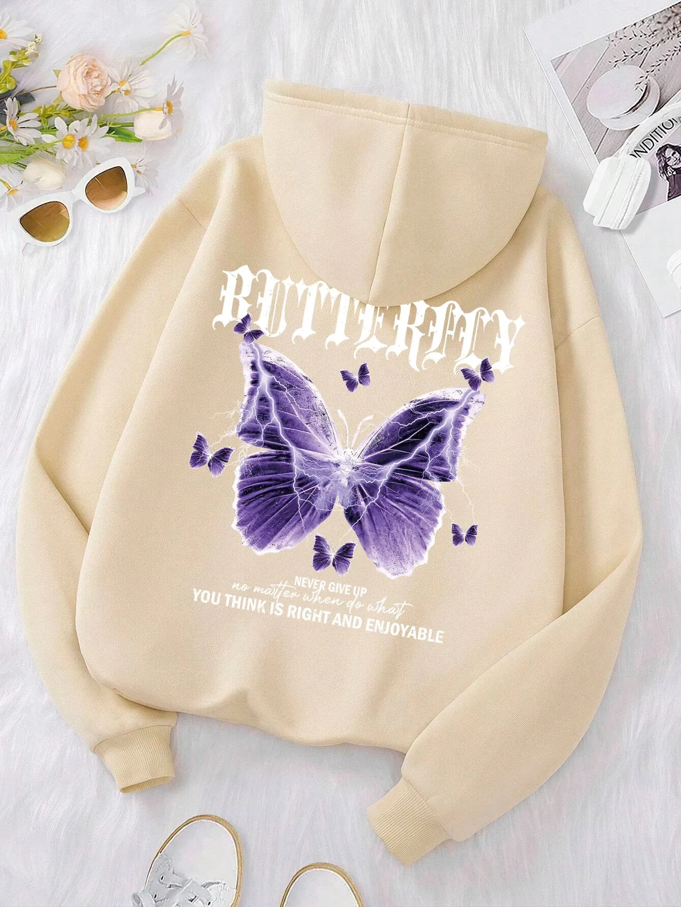 Beautiful Purple Butterfly Sweatshirt Women Fleece High Quality Hooded Simple Casual Hoodies Autumn Loose Oversized Streetwear