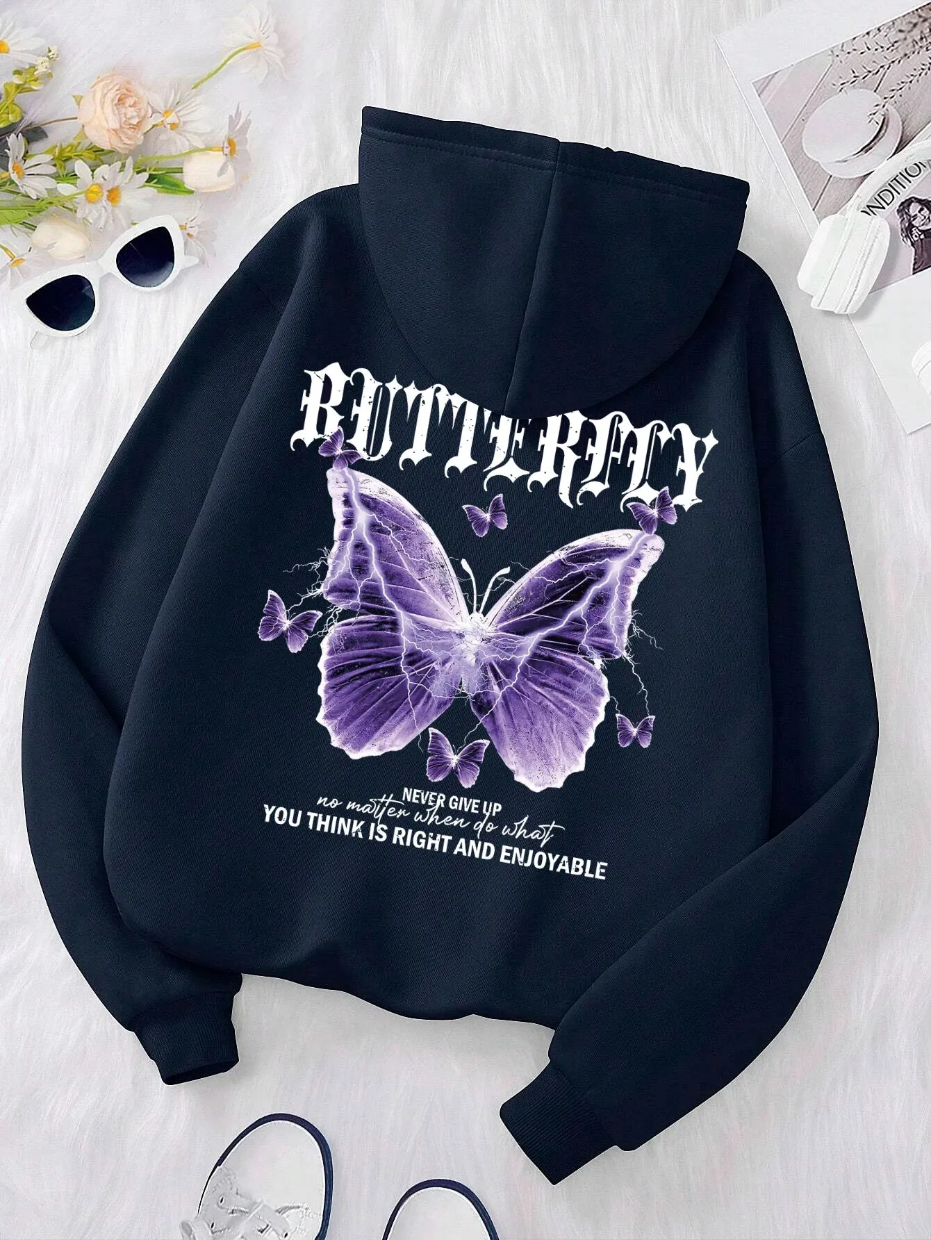 Beautiful Purple Butterfly Sweatshirt Women Fleece High Quality Hooded Simple Casual Hoodies Autumn Loose Oversized Streetwear