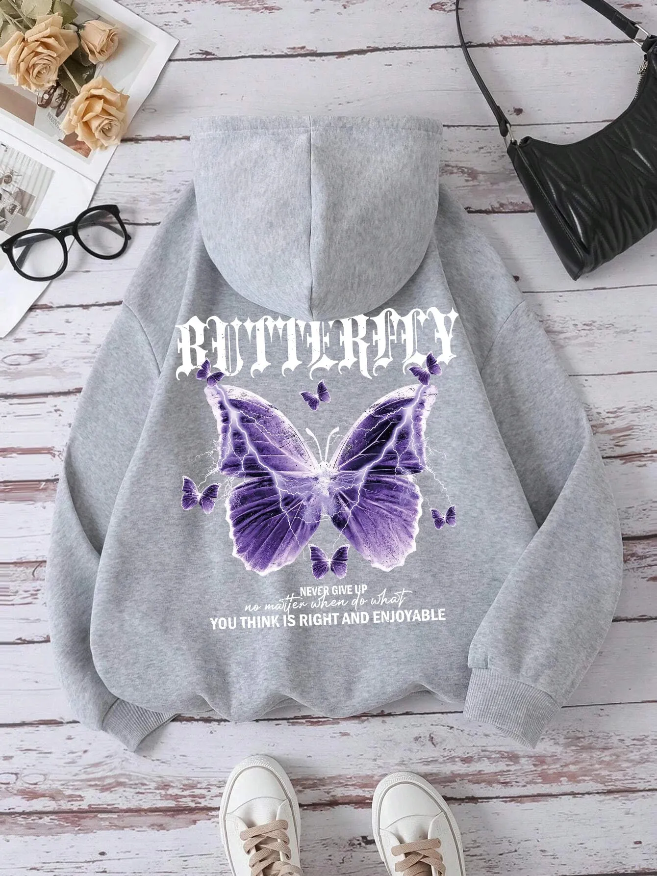 Beautiful Purple Butterfly Sweatshirt Women Fleece High Quality Hooded Simple Casual Hoodies Autumn Loose Oversized Streetwear