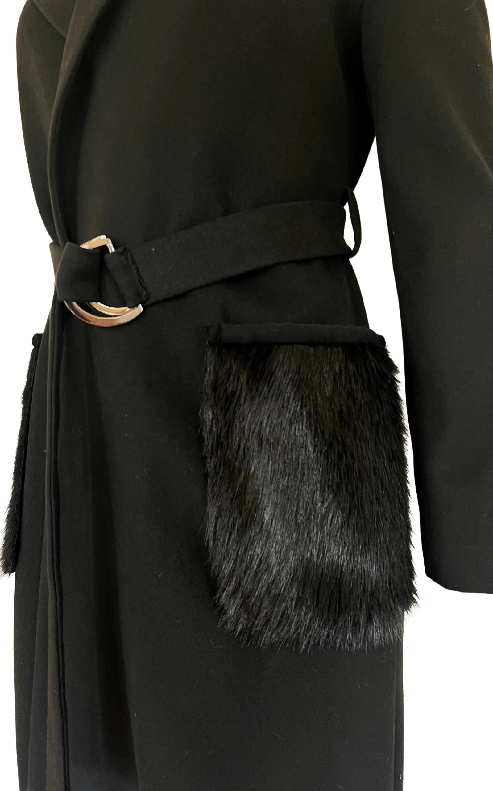 Black Classic Coat with Faux Fur Pockets