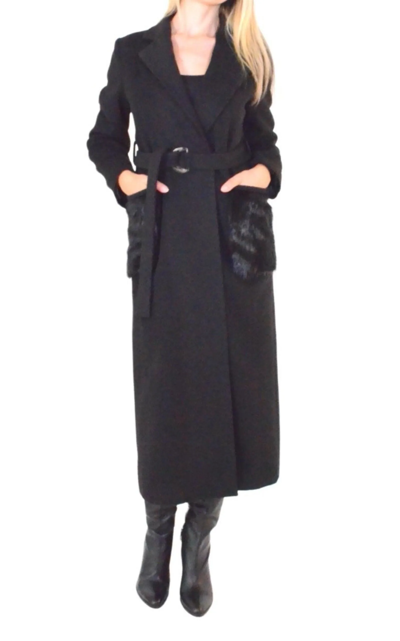 Black Classic Coat with Faux Fur Pockets