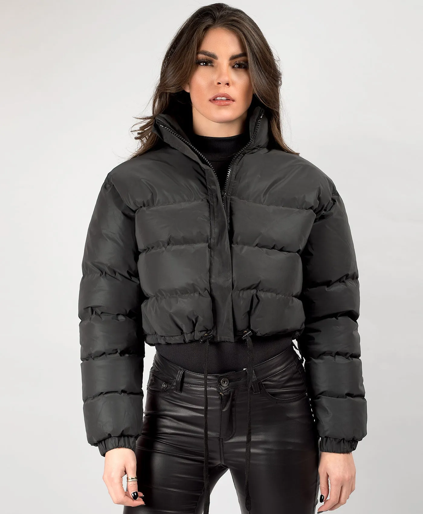 Black Reflective Padded Cropped Puffer Jacket