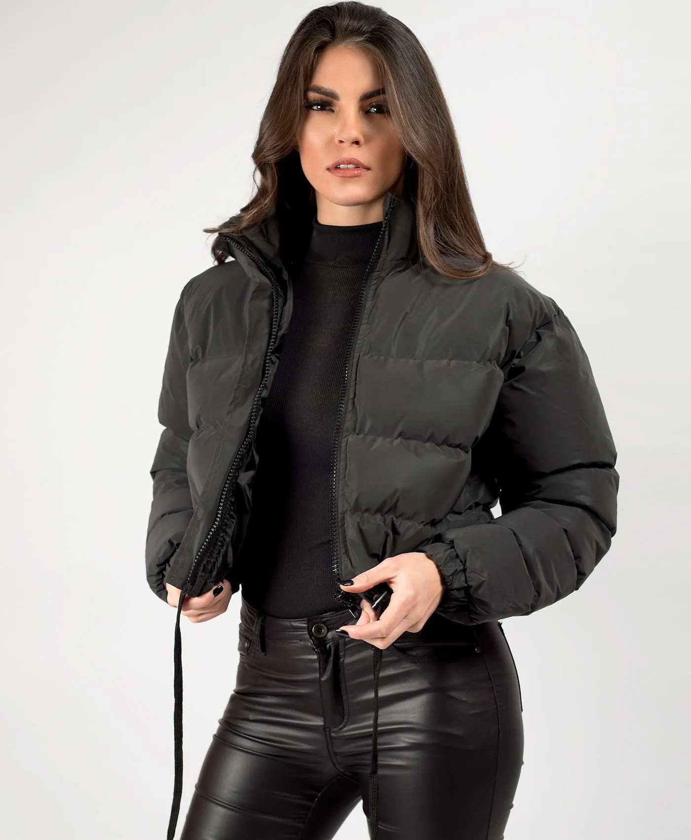 Black Reflective Padded Cropped Puffer Jacket