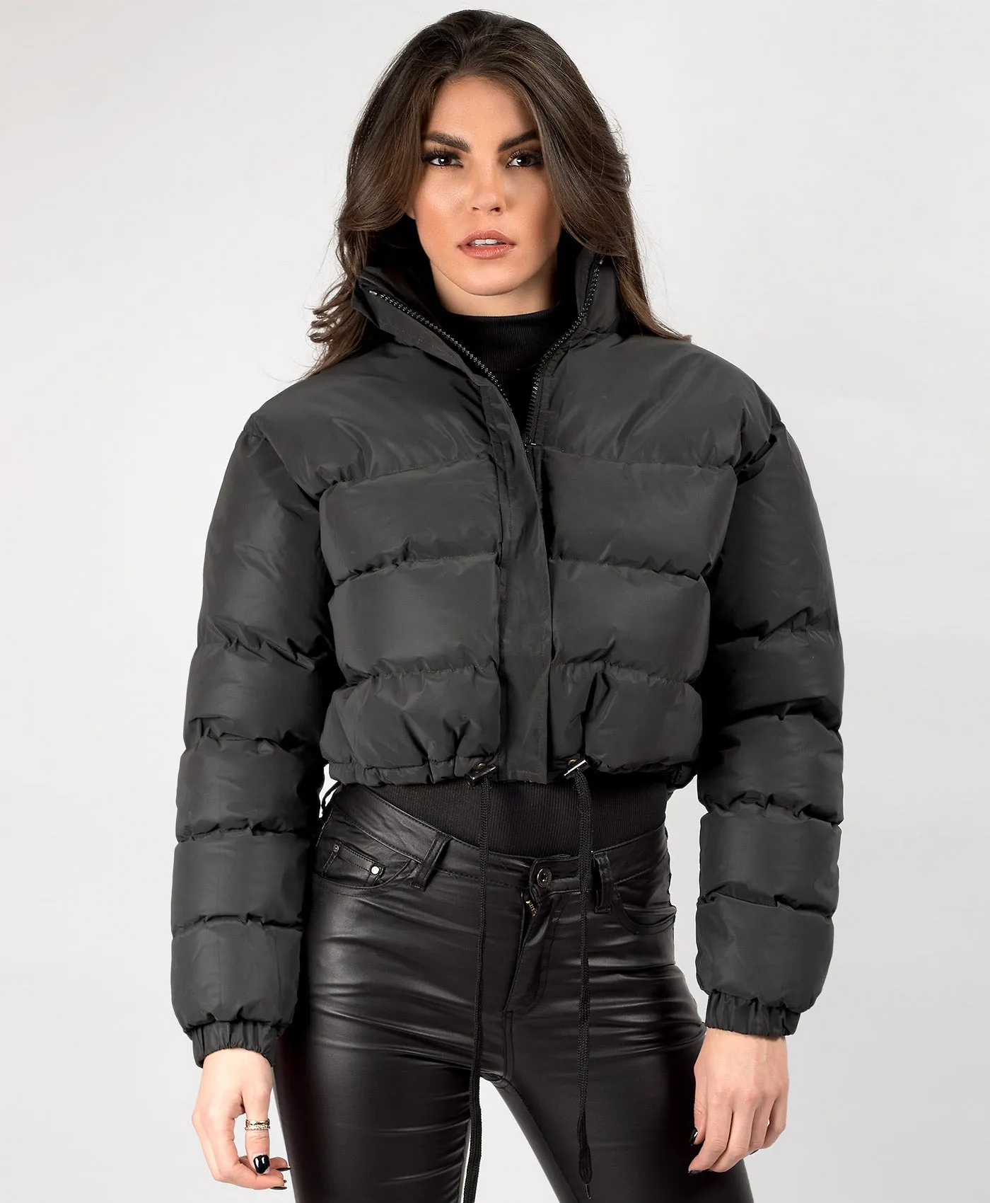 Black Reflective Padded Cropped Puffer Jacket