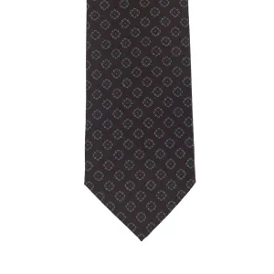 Brown wool challis tie, blue & grey neat print