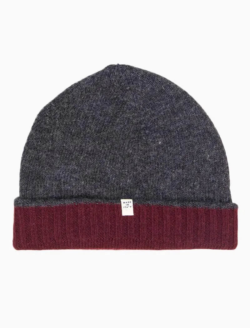 Burgundy & Grey Reversible Fitted Wool & Cashmere Beanie