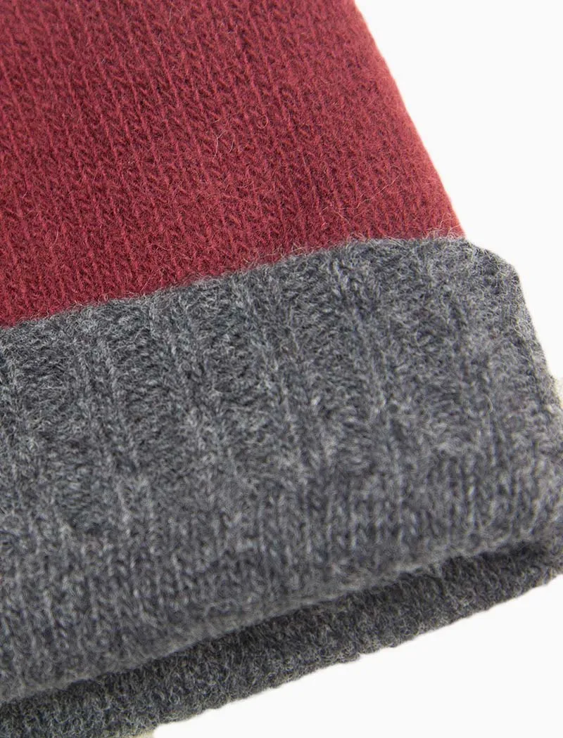 Burgundy & Grey Reversible Fitted Wool & Cashmere Beanie