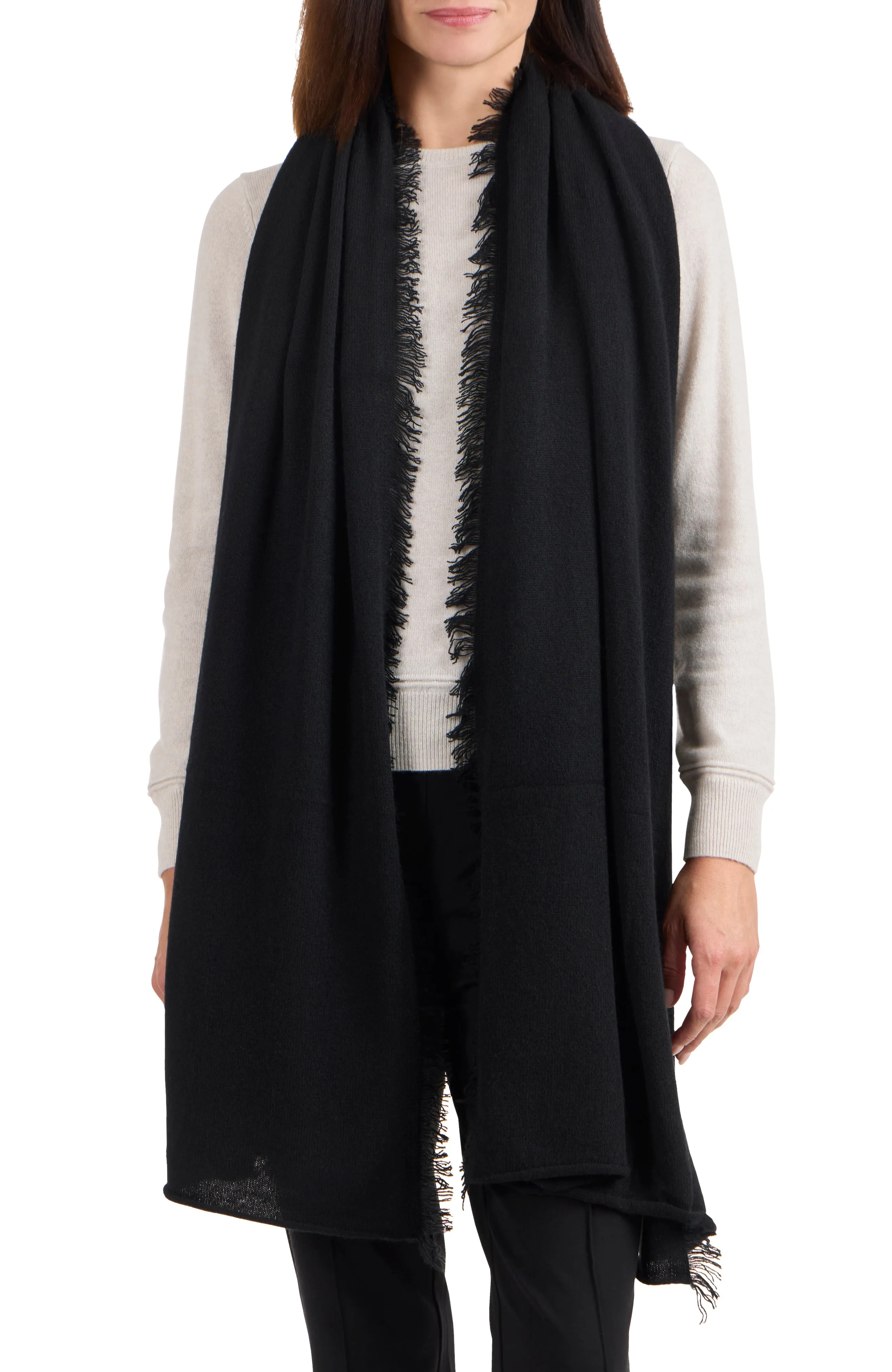 CASHMERE KNIT WRAP WITH FRINGE