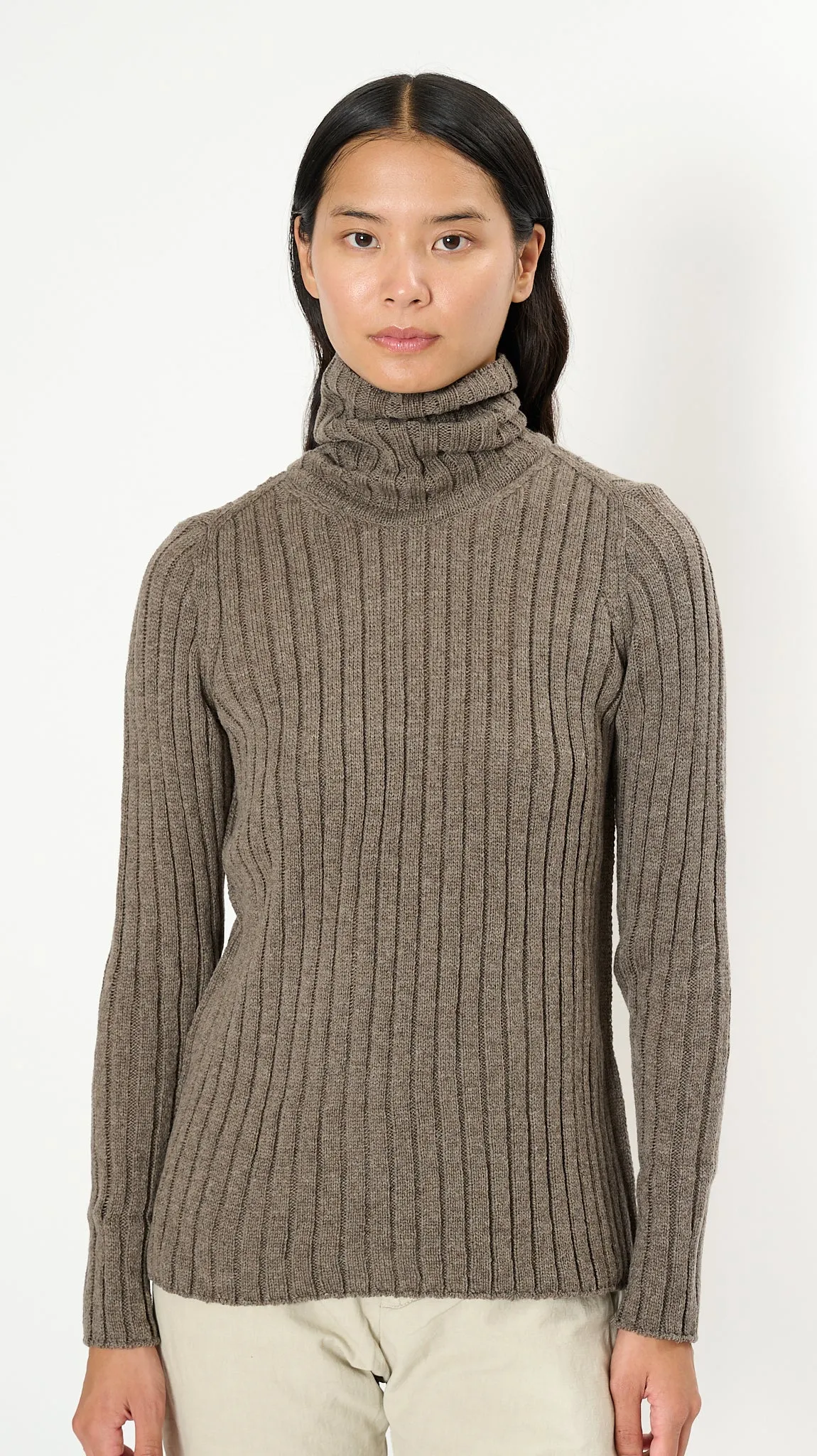 Cashmere Lamb Ribbed Turtleneck Pullover in Greige