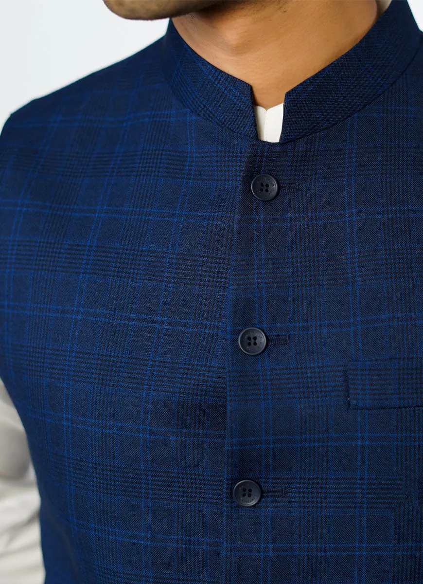 Checked Navy Blue Dedum Poly Wool Waist Coat