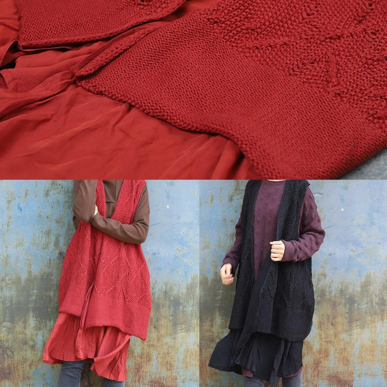 Chunky red knitted cardigans oversized sleeveless hollow out knit outwear