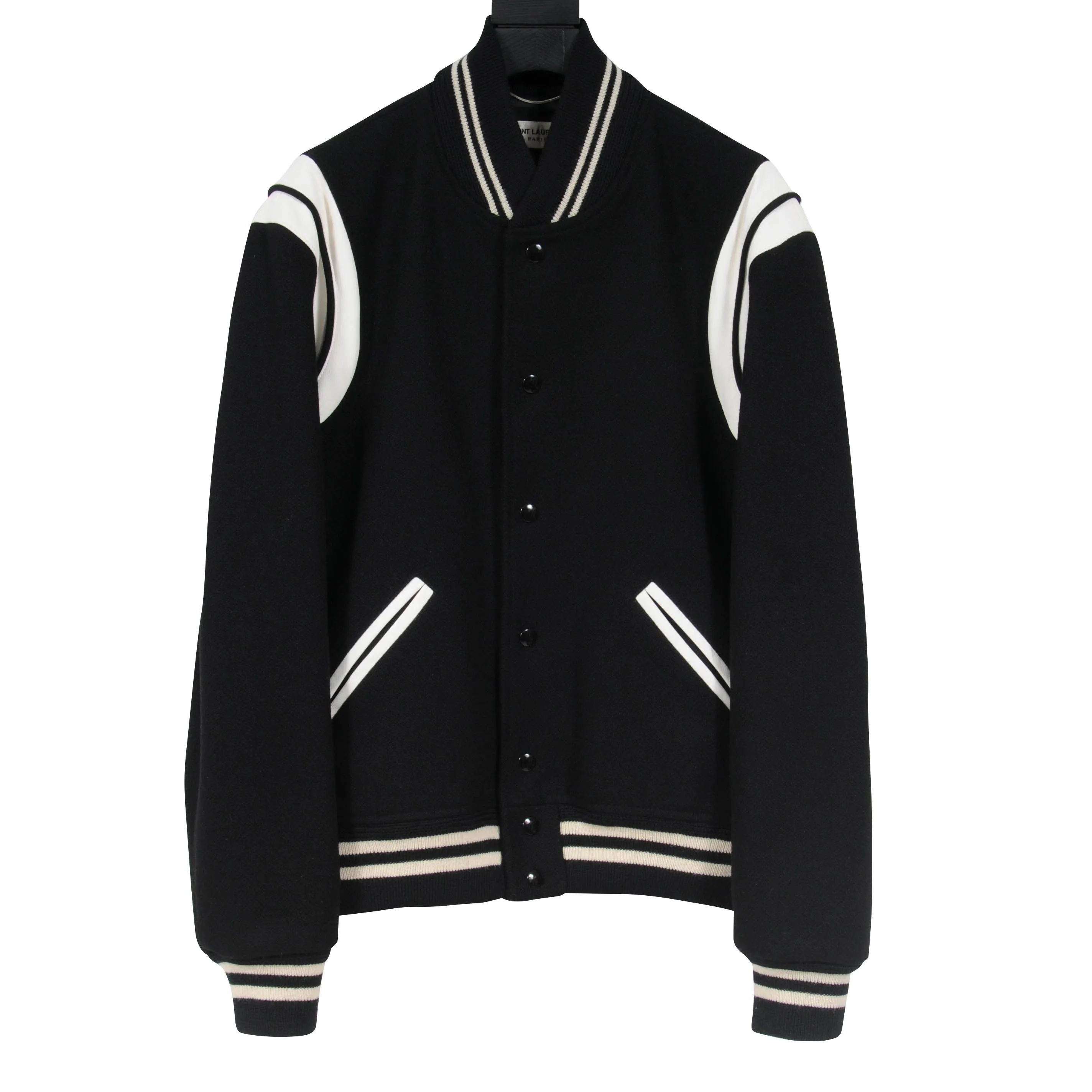 Classic Black & White Wool Teddy Varsity Bomber Jacket