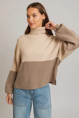 Color Block Turtleneck Sweater Top in Taupe & Cream