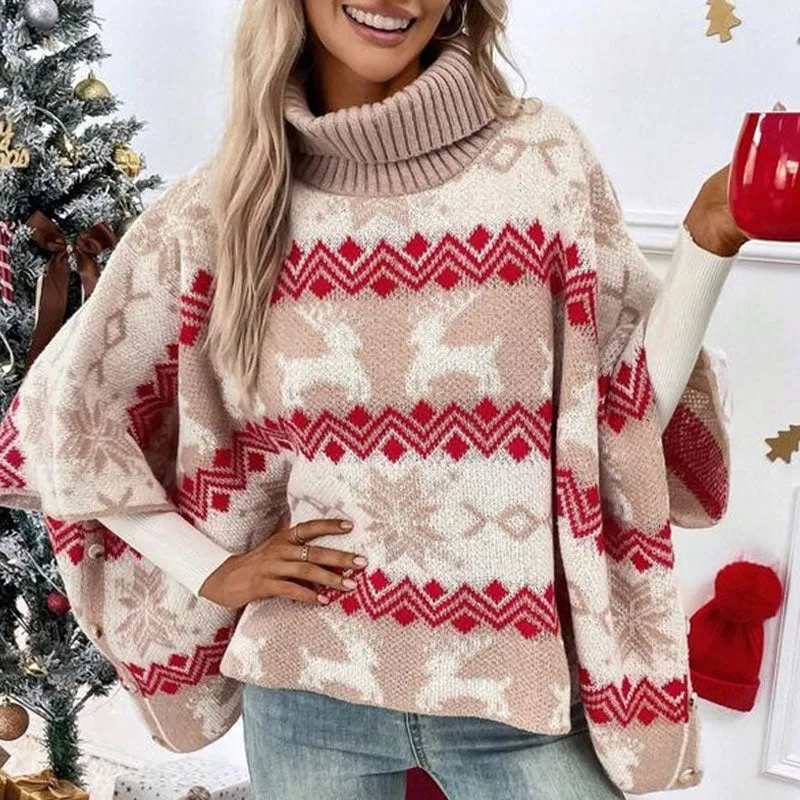 Elegant Oversized Batwing Sleeve Rib Knit Turtleneck Poncho Christmas Sweater