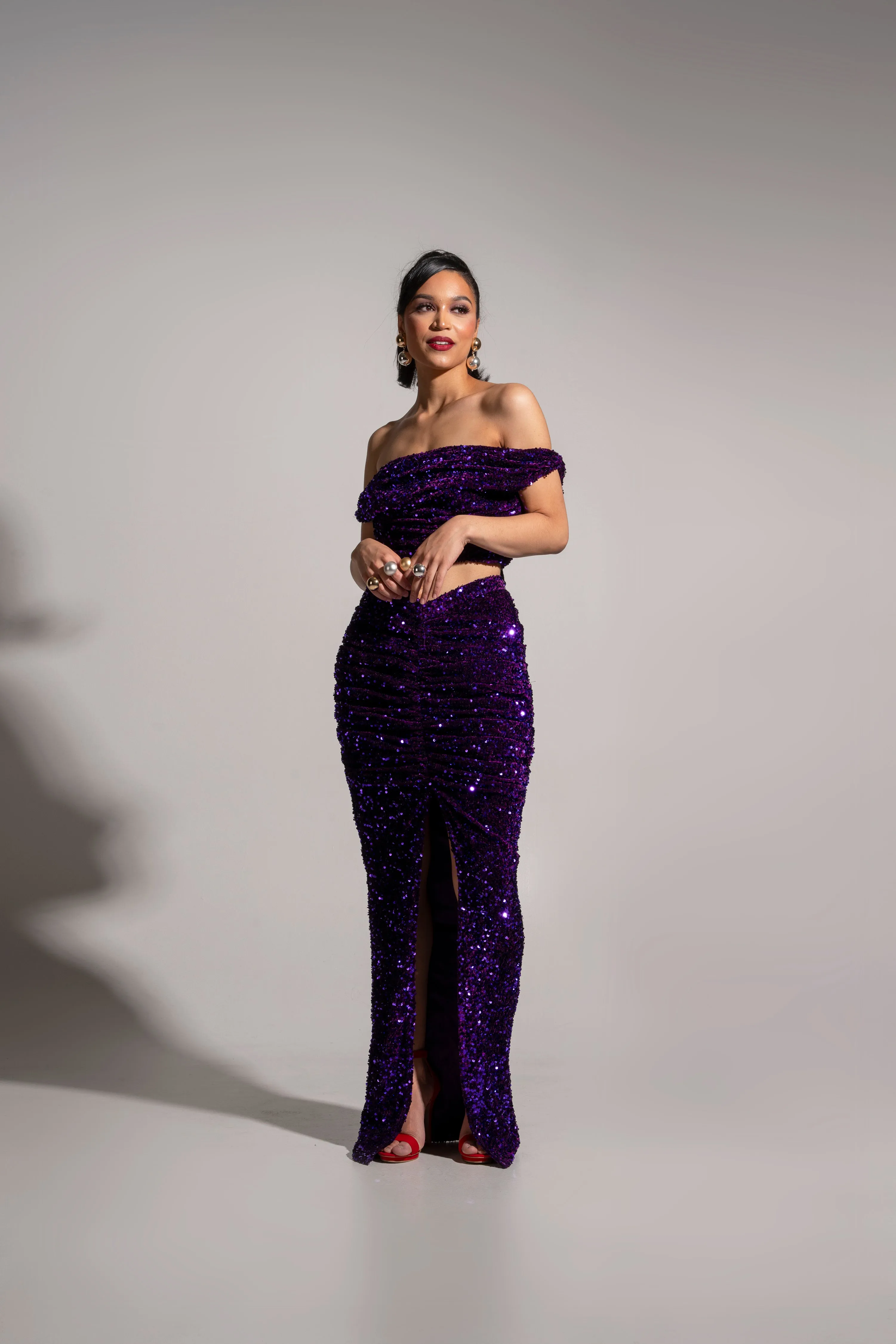 JESS Sequin Ruched Skirt in AMETHYST