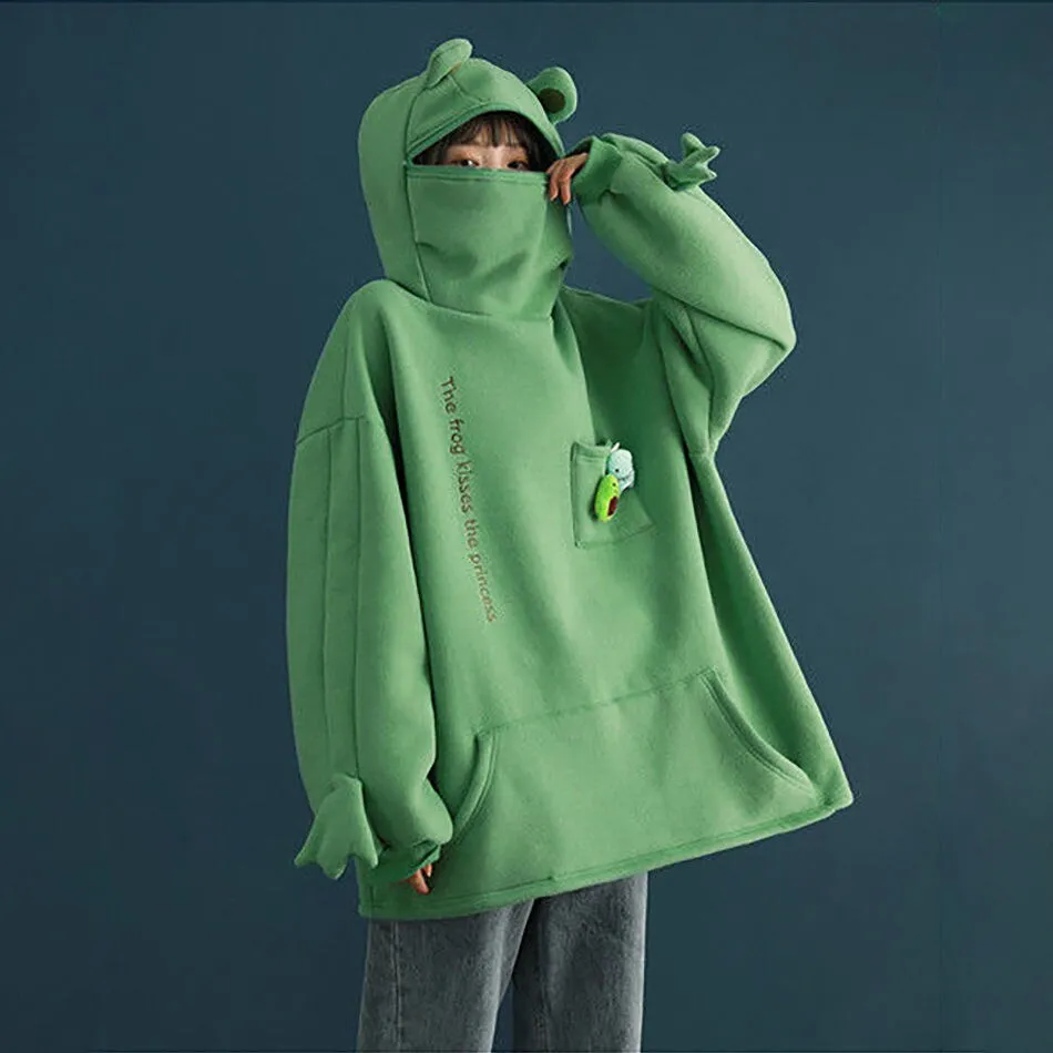 Joskaa Unisex Frog Zipper Hoodie Fleece Lined Springtime Embroidery Oversized Sweatshirt Harajuku Warm Pullover Korean Style Dropship