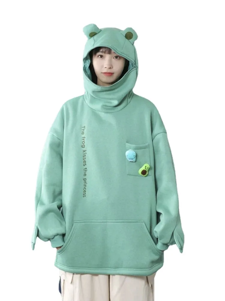 Joskaa Unisex Frog Zipper Hoodie Fleece Lined Springtime Embroidery Oversized Sweatshirt Harajuku Warm Pullover Korean Style Dropship