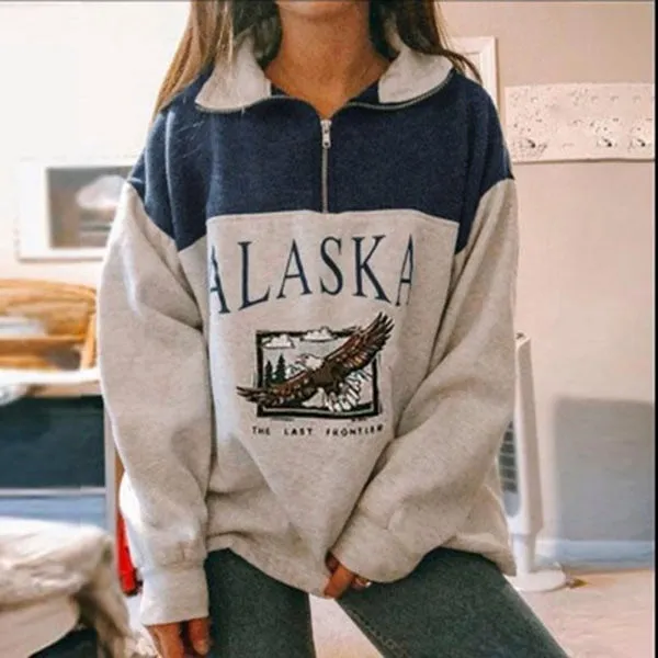 Joskaa Women Sweatshirt Oversized Letter Alaska Fashion Vintage POLO Collar Casual Pullovers Long Sleeves Winter Warm Fleece Cotton