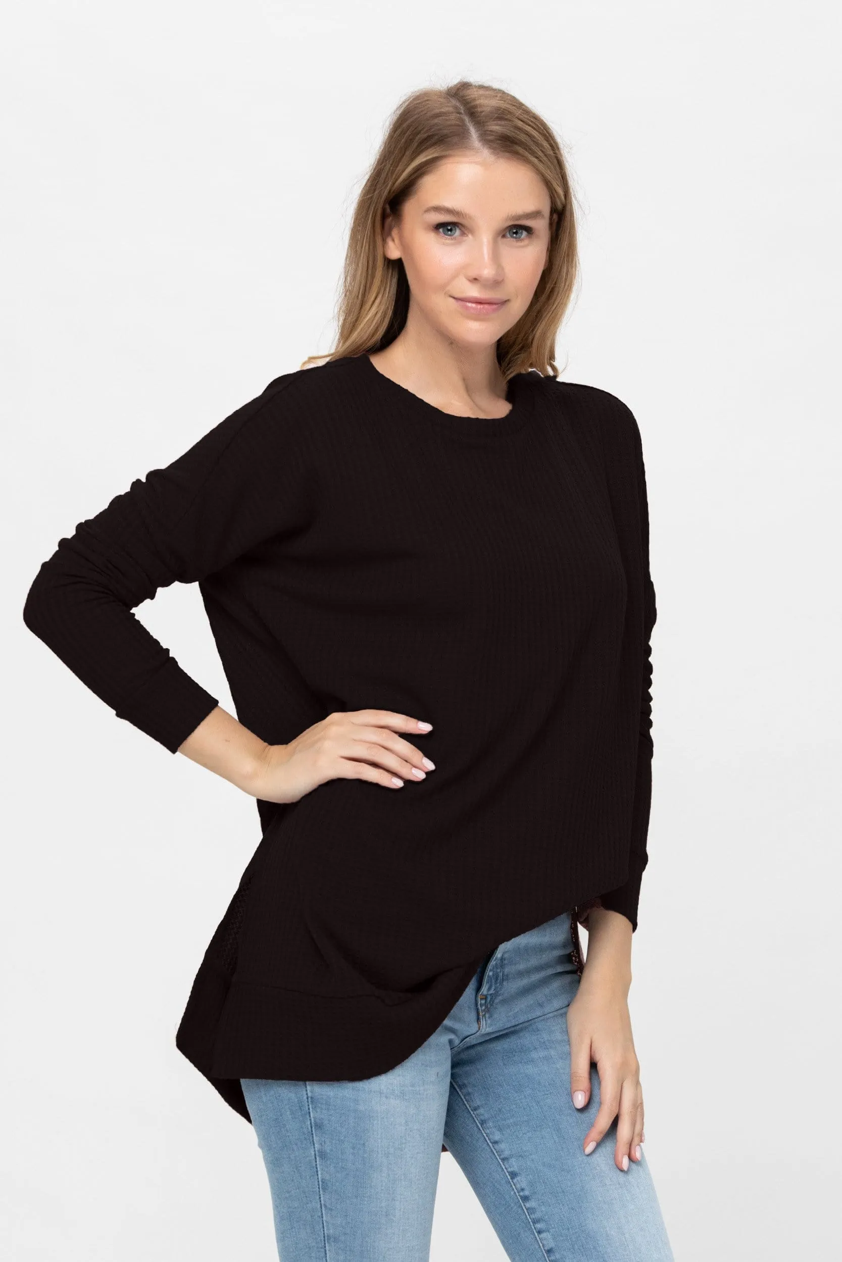 Long Sleeve Waffle Knit Sweater Round Neck Solid Color Pullover Dress Tops