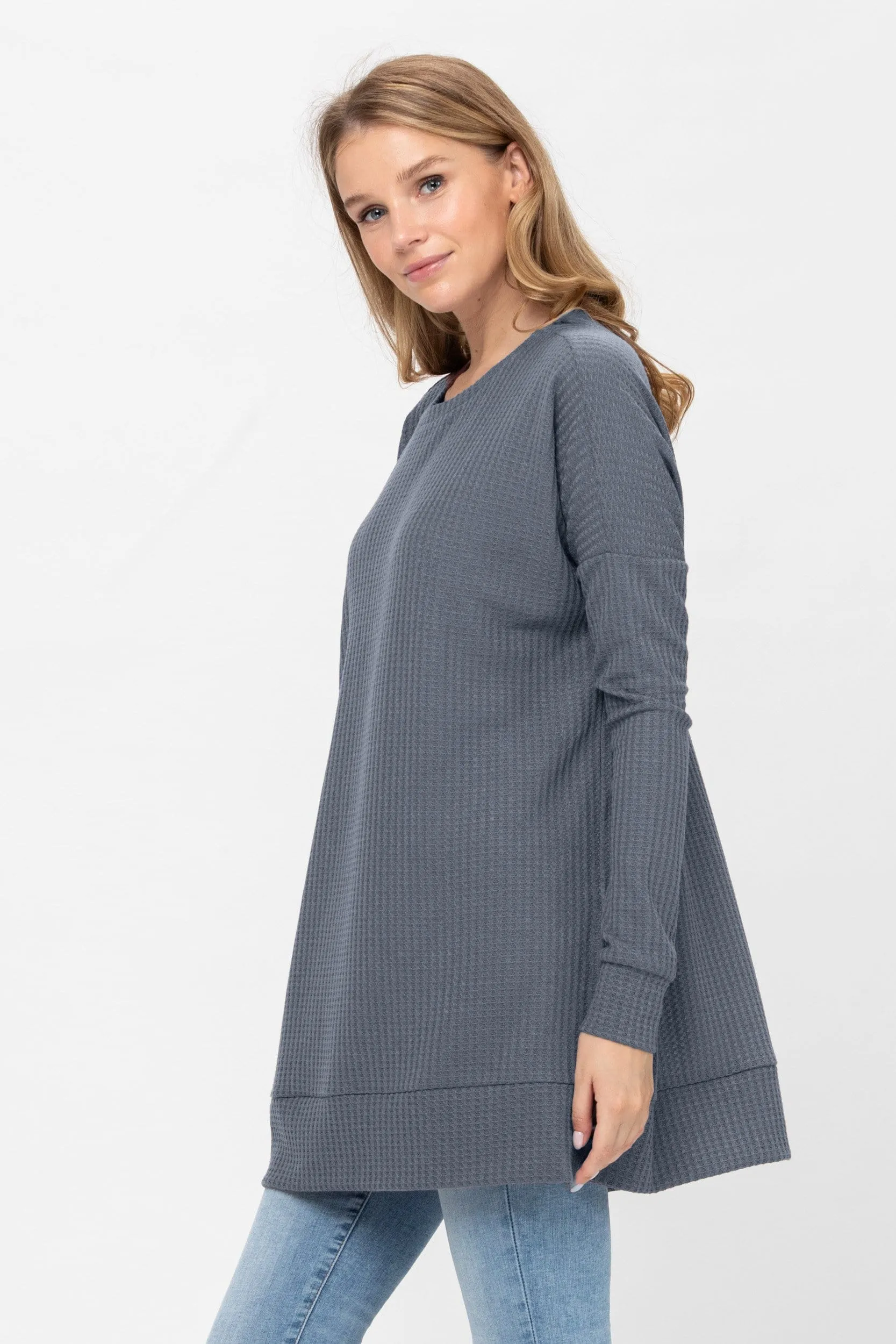 Long Sleeve Waffle Knit Sweater Round Neck Solid Color Pullover Dress Tops