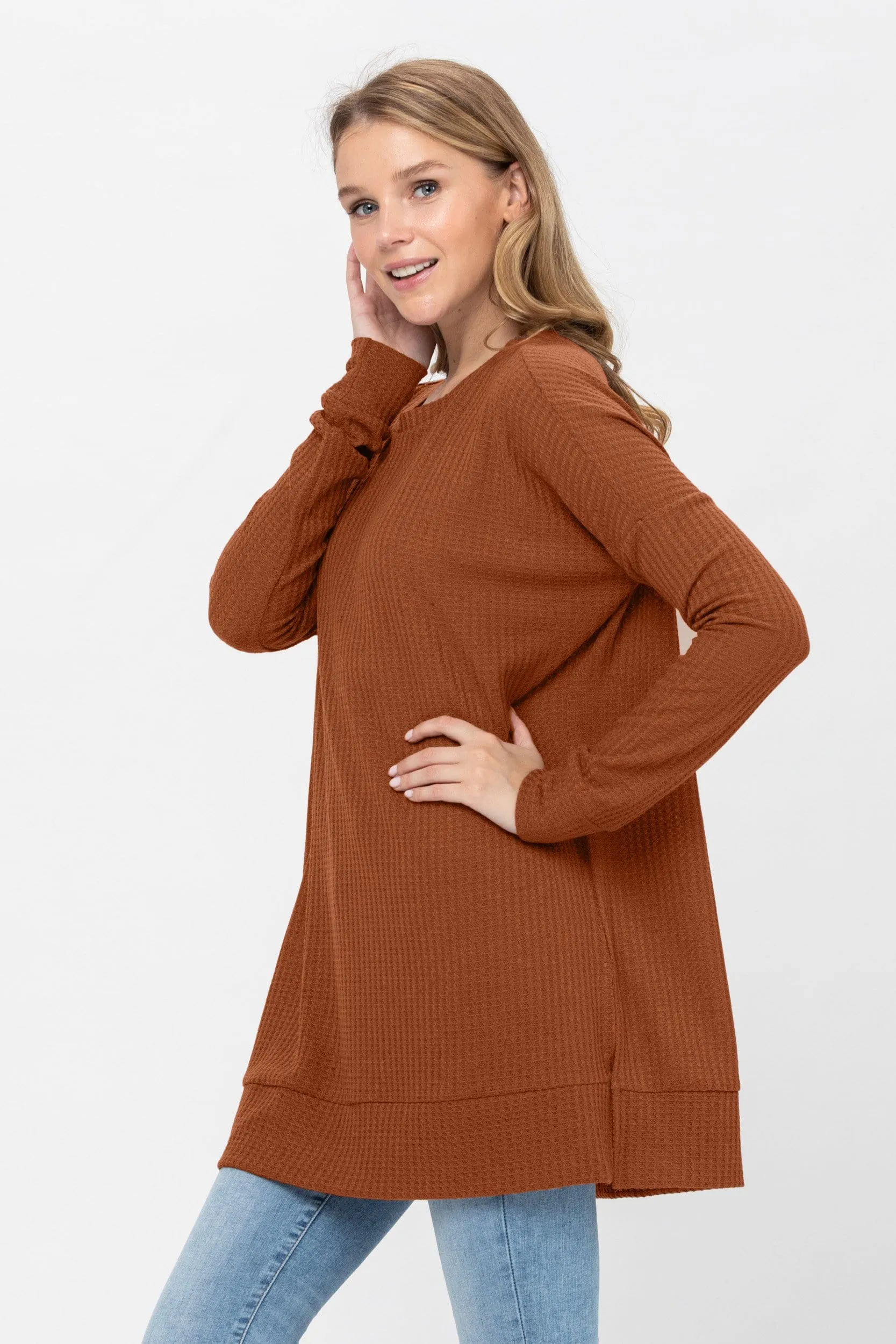 Long Sleeve Waffle Knit Sweater Round Neck Solid Color Pullover Dress Tops