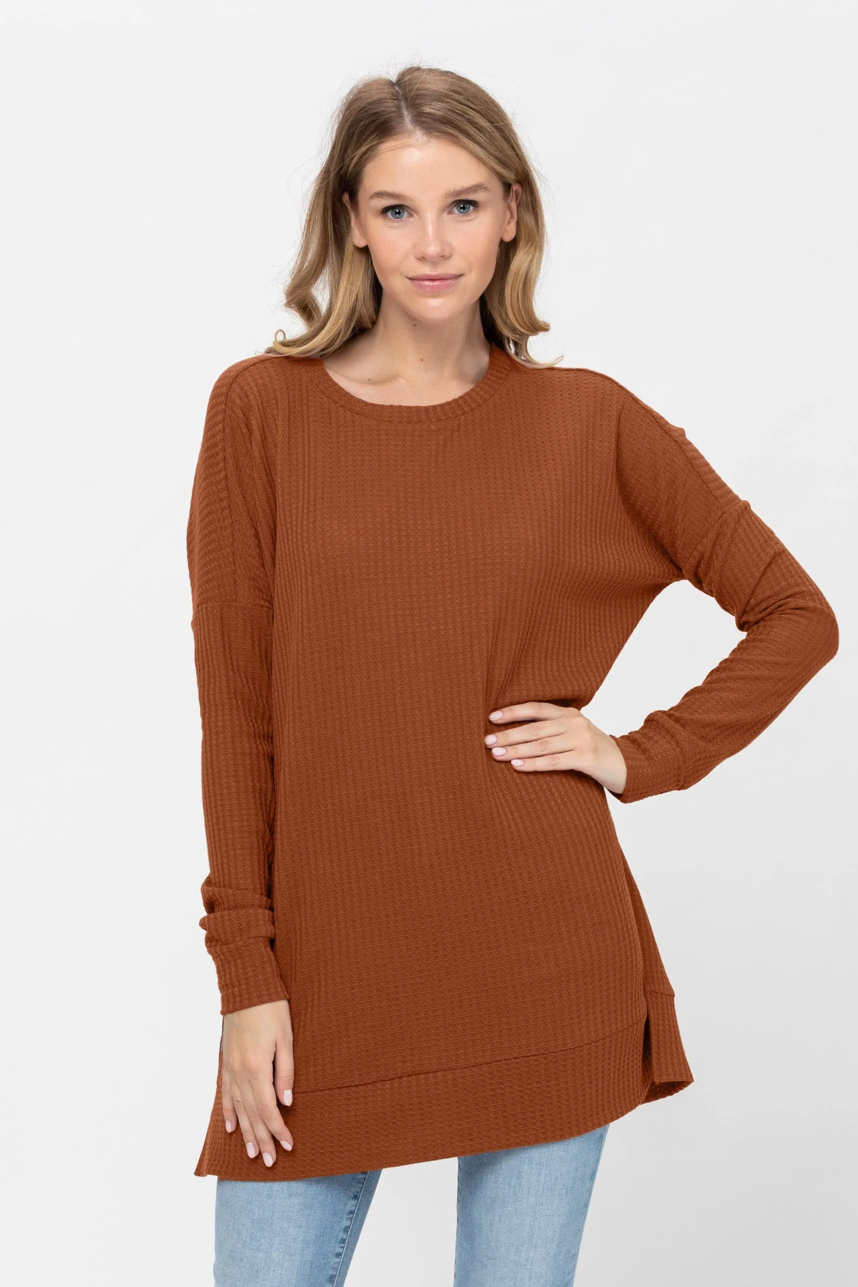 Long Sleeve Waffle Knit Sweater Round Neck Solid Color Pullover Dress Tops