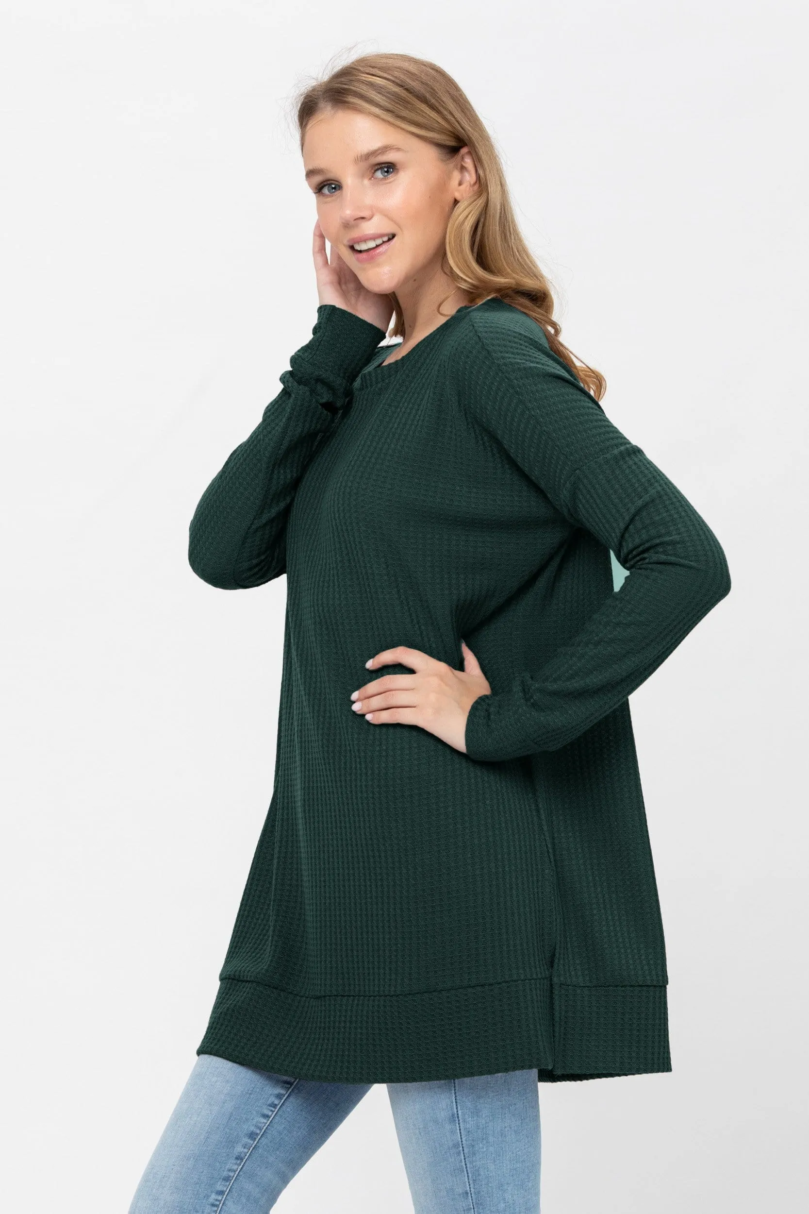 Long Sleeve Waffle Knit Sweater Round Neck Solid Color Pullover Dress Tops