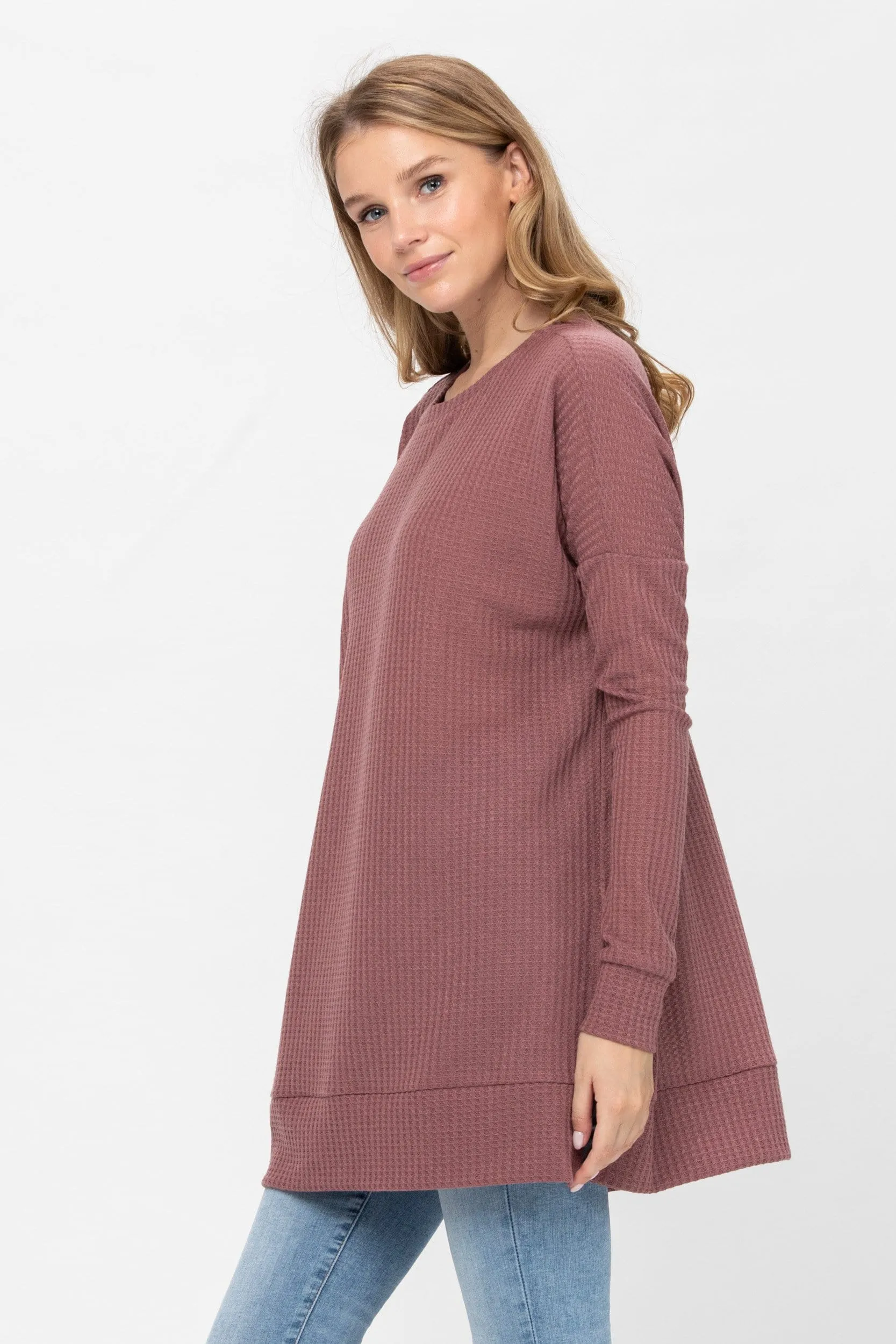 Long Sleeve Waffle Knit Sweater Round Neck Solid Color Pullover Dress Tops