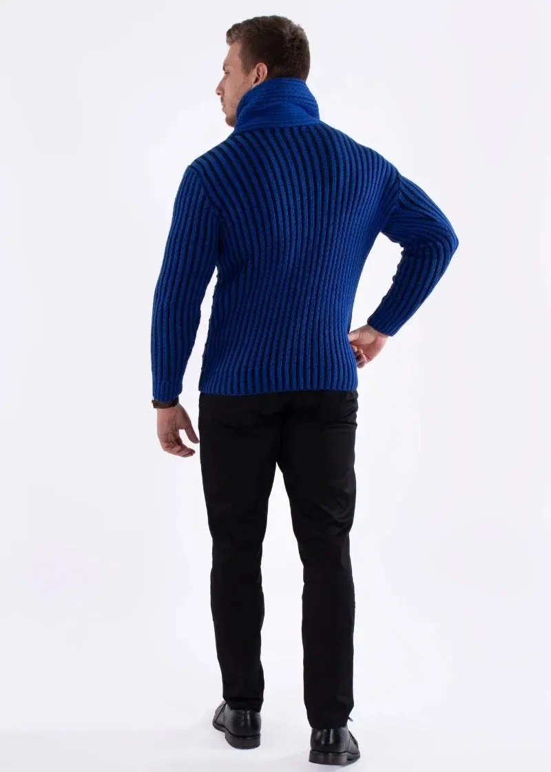 Men's Royal Blue Pullover Sweater Clasp Shawl Collar High-Neck Sweater