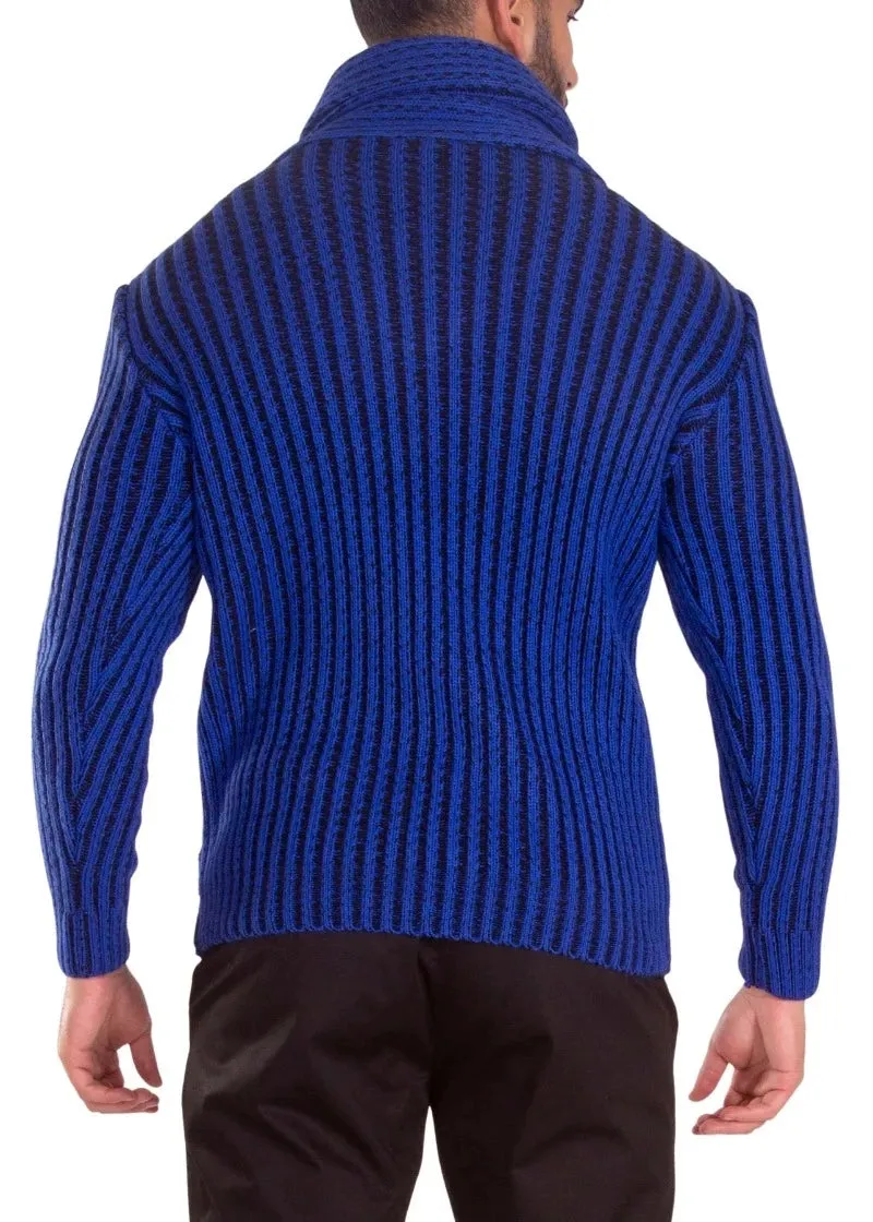 Men's Royal Blue Pullover Sweater Clasp Shawl Collar High-Neck Sweater