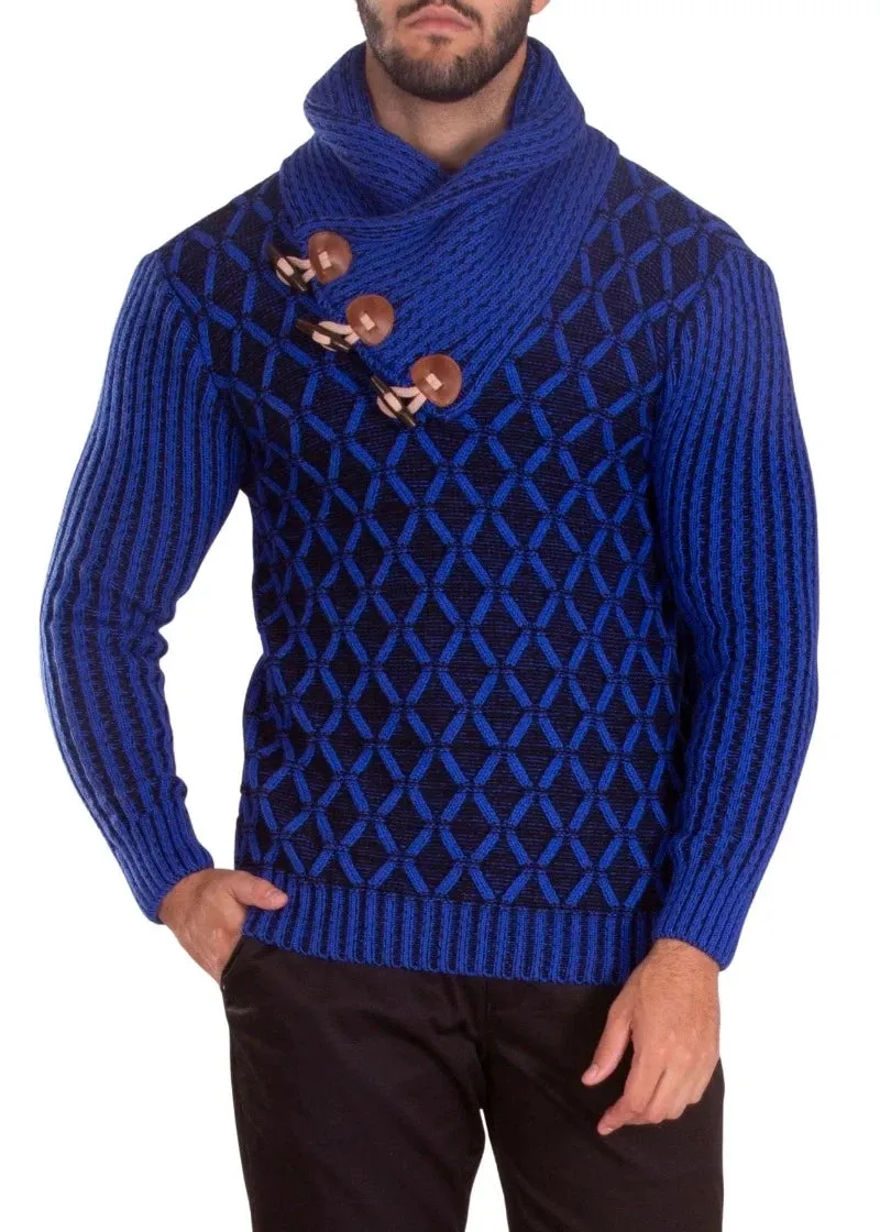 Men's Royal Blue Pullover Sweater Clasp Shawl Collar High-Neck Sweater