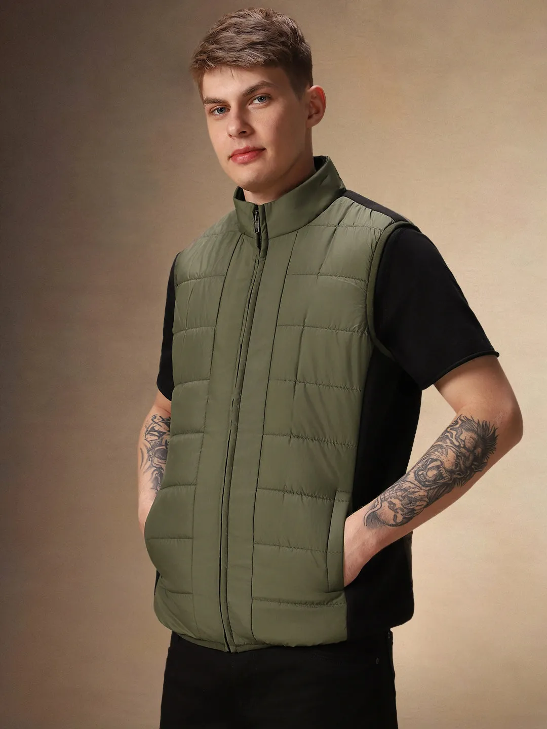 Men's Solid Olive Stand Collar Sleeveless Gilet Jacket