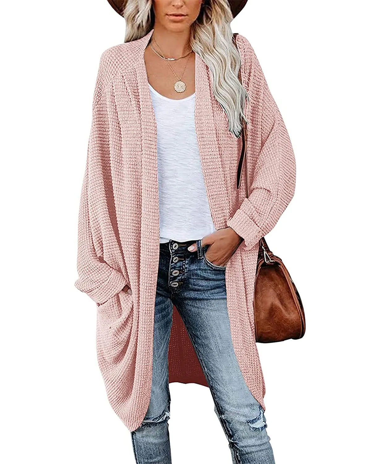 MEROKEETY Waffle Knit Batwing Long Sleeve Cardigan