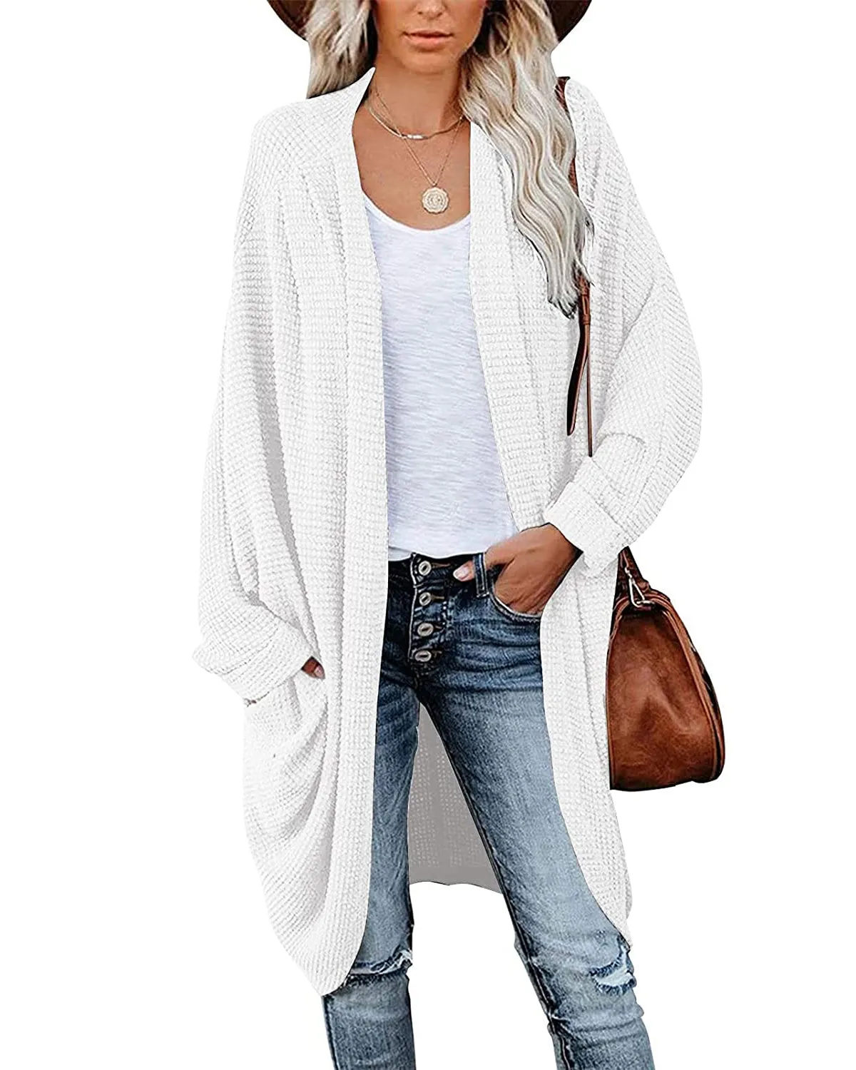 MEROKEETY Waffle Knit Batwing Long Sleeve Cardigan