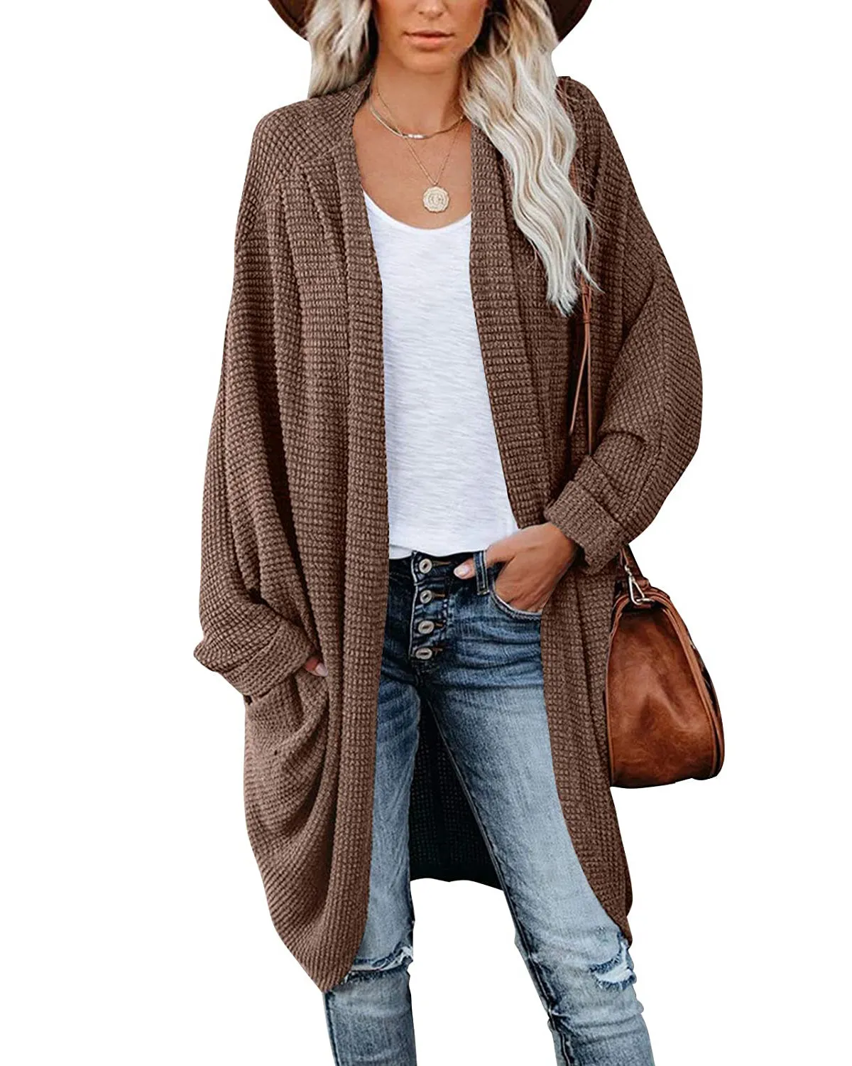 MEROKEETY Waffle Knit Batwing Long Sleeve Cardigan