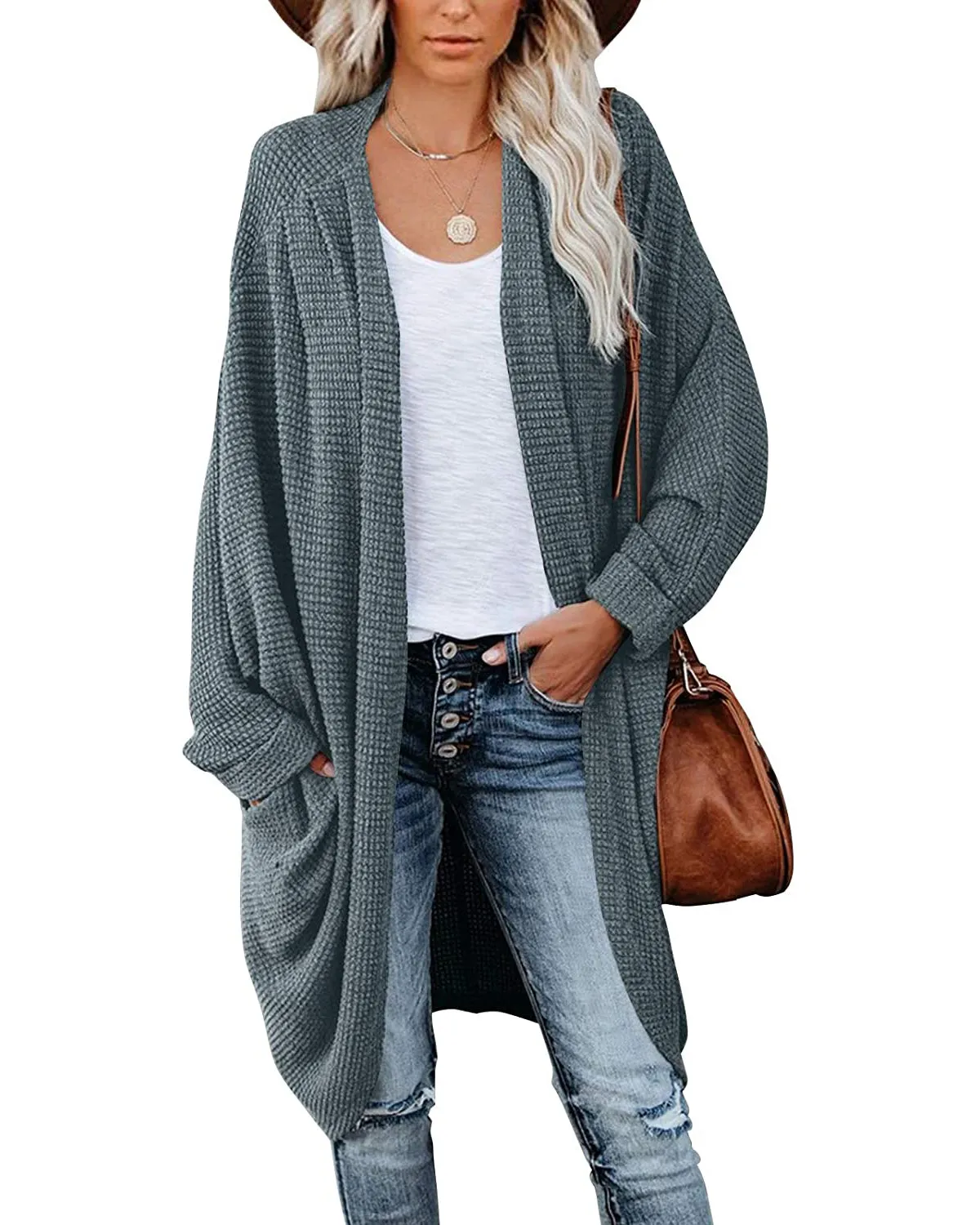 MEROKEETY Waffle Knit Batwing Long Sleeve Cardigan