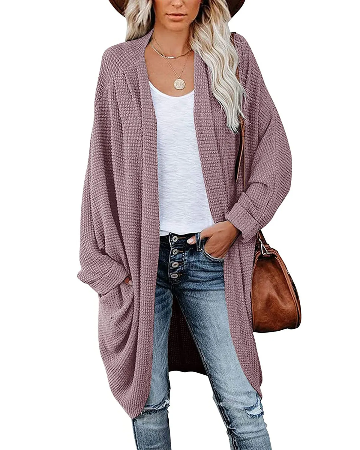 MEROKEETY Waffle Knit Batwing Long Sleeve Cardigan