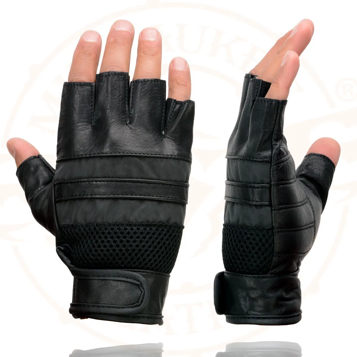 Milwaukee Leather MG7548 Men's Black Leather Mesh Gel Palm Fingerless Reflective Motorcycle Gloves