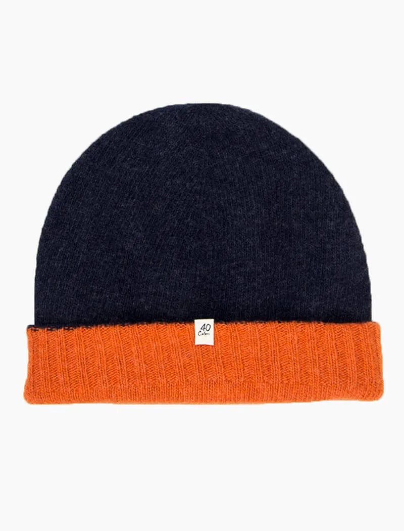 Navy & Orange Reversible Fitted Wool & Cashmere Beanie