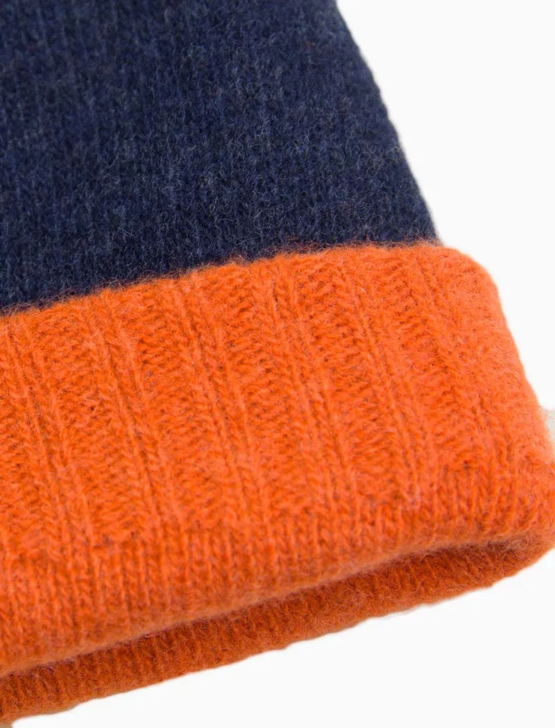 Navy & Orange Reversible Fitted Wool & Cashmere Beanie